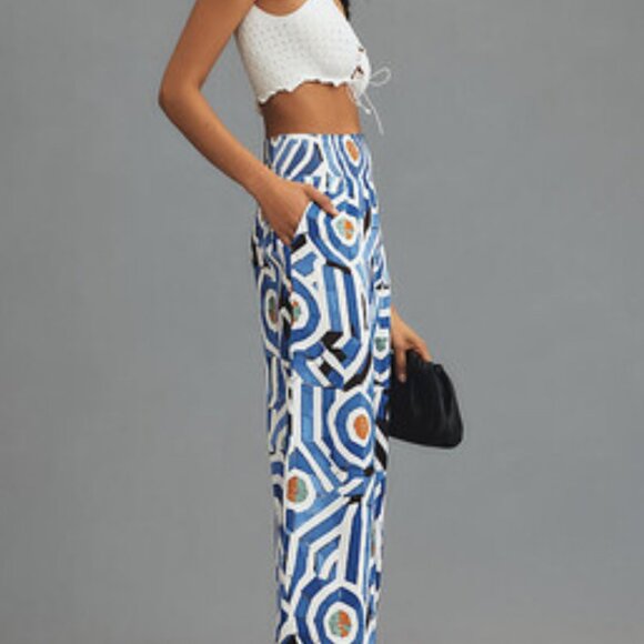 Maeve Anthropologie Blue Geo Print Saria Wide Leg Smocked Pants Small - Picture 5 of 6